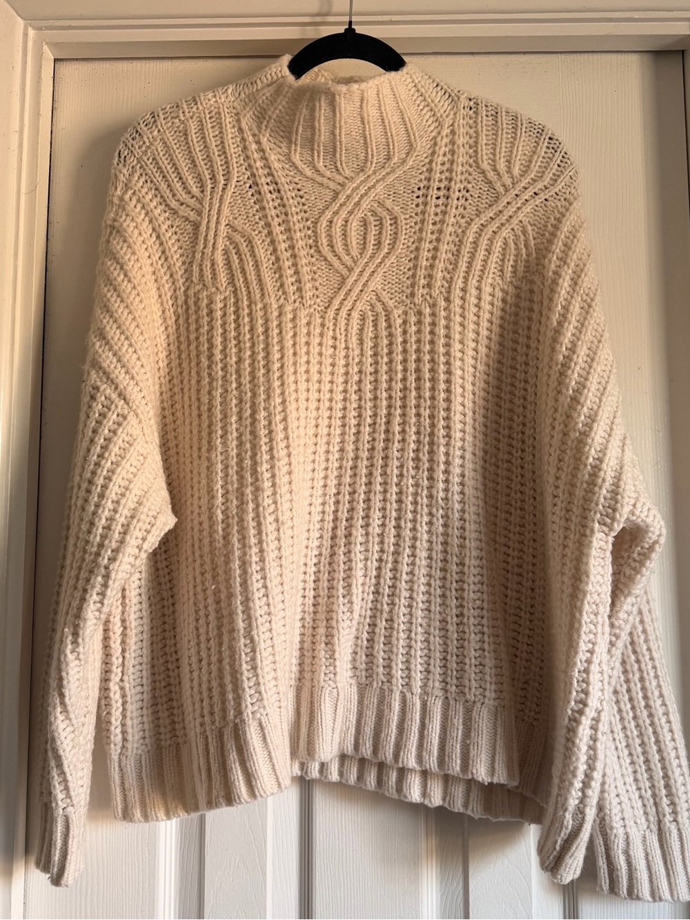 Aerie Cream Chunky Cable Knit Mock Neck Sweater XL Wool Blend